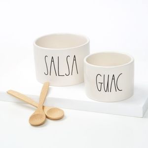 Rae Dunn Salsa & Guac Bowls w/ 2 Bamboo Spoons NIB